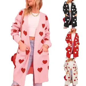 Women Open Front Duster Sweaters Casual Heart Print Knitted Cardigans with Pockets Warm Fall Knitwear for Streetwear