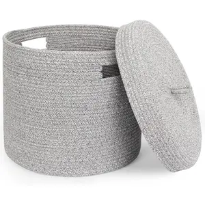 Storage Basket with Lid, Woven Blanket Storage for Living Room, Soft  Rope Bin with Lid, Round Wicker Laundry Basket with Cover, Lidded    Box,  Organizer, 15"x13", Gray