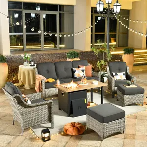 OVIOS 6-Piece Outdoor Patio Furniture Set with 46" Fire Pit Table, Wicker Sofa with Chairs, All-Weather Conversation Set with Cushions for Backyard Patio Porch Deck Garden Balcony Outdoor Seating