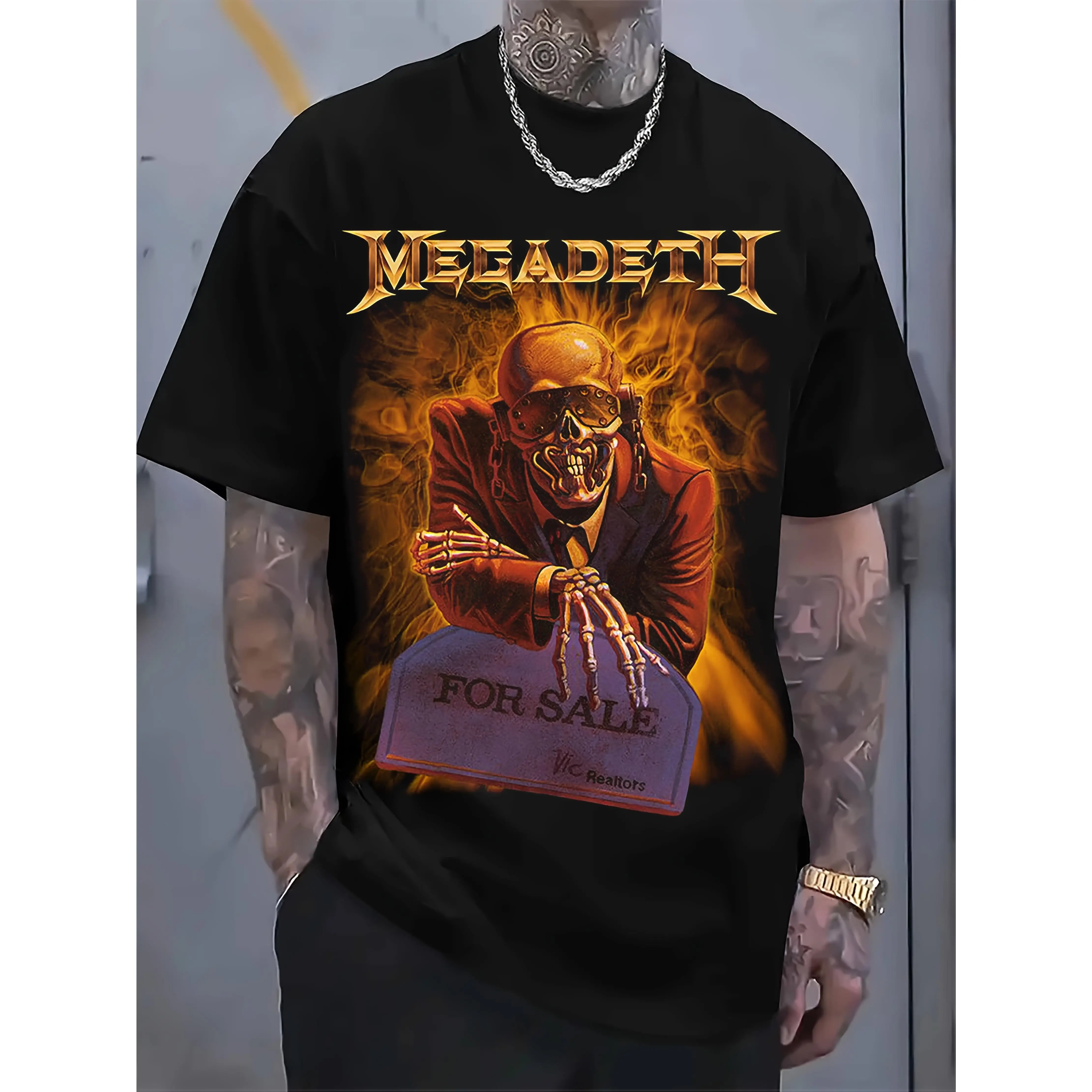 Men'S Plus Size Megadeth Graphic T-Shirt - "FOR " Skull Design, Vintage Rock Band Print, Casual & Sporty Short Sleeve Tee, Black Polyester, Summer Wear, Casual Summer Wear |   Skull Print Tee |   PLUS SIZE