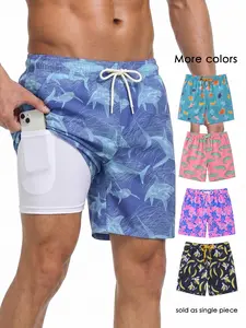 Men's 2-In-1 Compression Lining Swim Trunk, Quick-Dry Beach Shorts, 7-Inch Swimming Trunks, Sporty Geometric Design, Fitted Fit