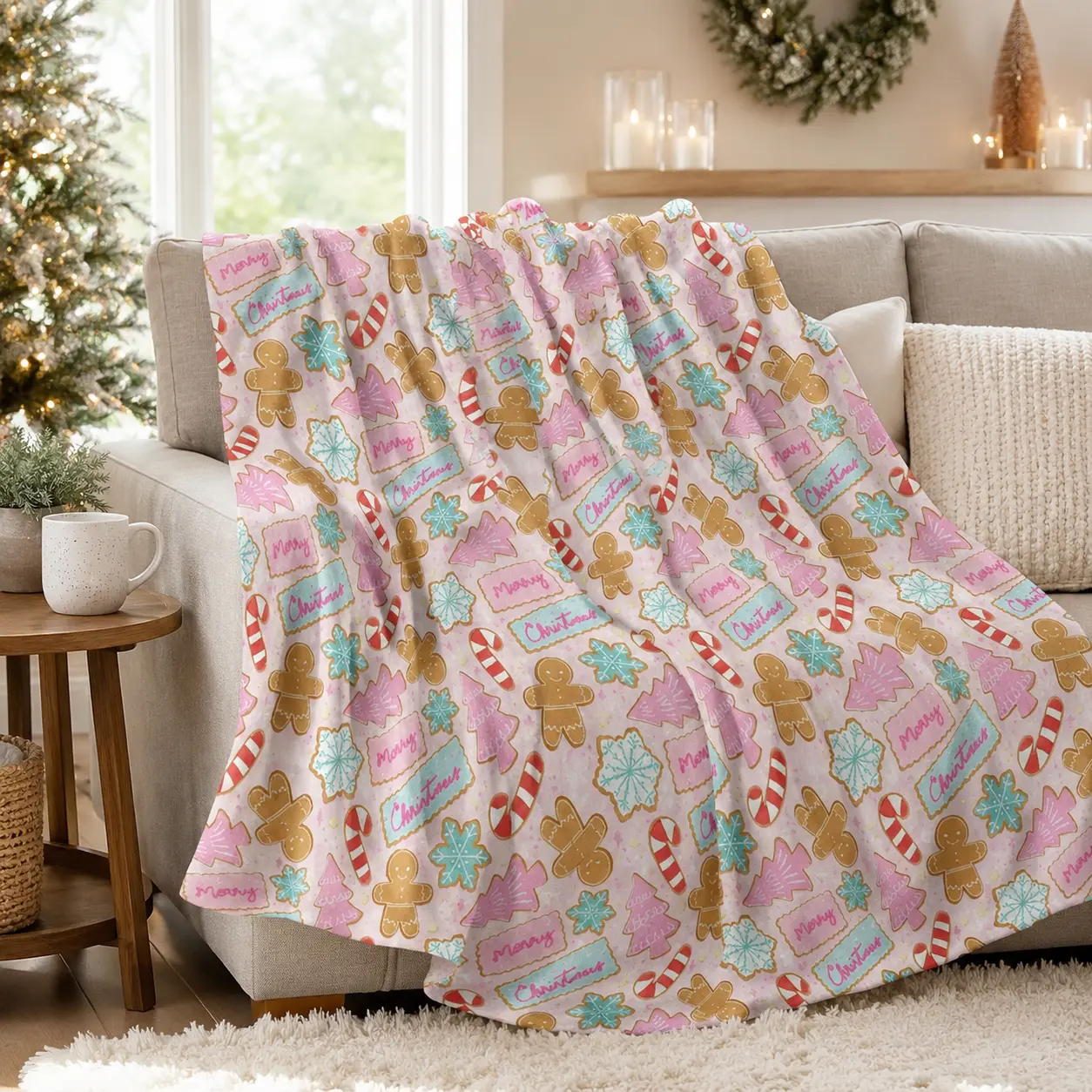 Pink Christmas Gingerbread Candy Cane Flannel Throw Blanket, Soft Fuzzy Plush Blanket for Couch & Bed, All Season Cozy Warm, Cute Pastel Holiday Cookie Pattern, Lovely Xmas Gift, Sweet Cottagecore Winter Bedroom Home Decor