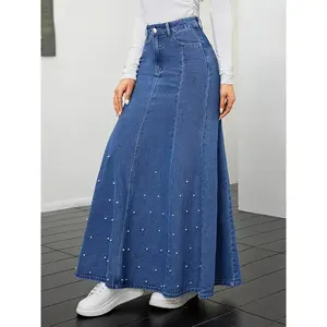 Elegant Women's Denim Midi Skirt with Beaded Detail - Comfort Fit, Non-Stretch Cotton Blend, Perfect for Spring/Summer/Fall