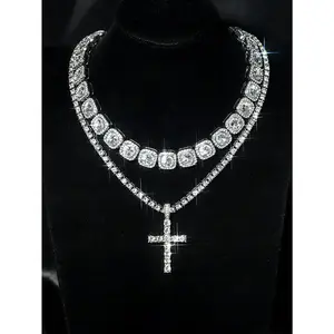 Iced-out tennis necklace and cross pendant set with sugar chain for men and women, suitable for parties and everyday wear