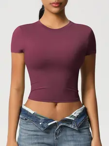 Women's Solid Short Sleeve Sports Tee, Quick Drying Breathable T-shirt for Gym Workout Running, Ladies Sportswear for All Seasons, Breathable Workout Tops