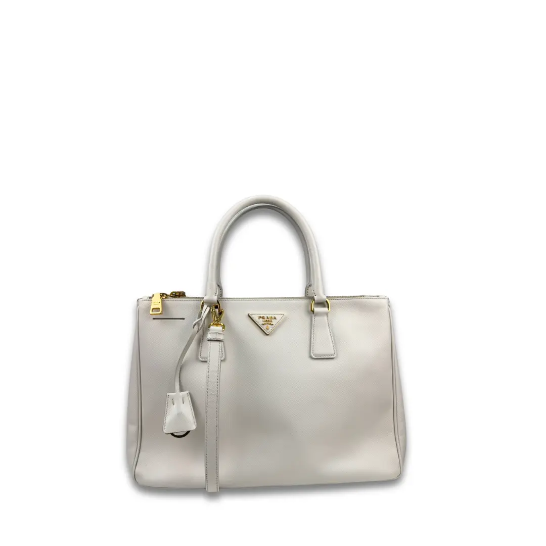 Pre-owned PRADA Saffiano Leather Tote Bags Medium White Double Zip Galleria