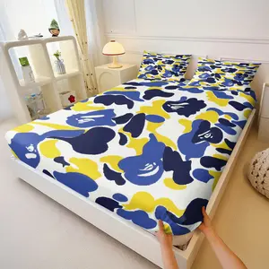Teens Blue Yellow Camo Fitted Sheet Set,BAPE Ape Head Camo Bed Sheet Set,Includes 1 Fitted Sheet & 2 Pillowcases,with Subtle Ape Head Accents Bed Sheet Set,Deep Pocket Non-Slip Camouflage Bedding for Bedroom,Dorm & Teen Room Decoration