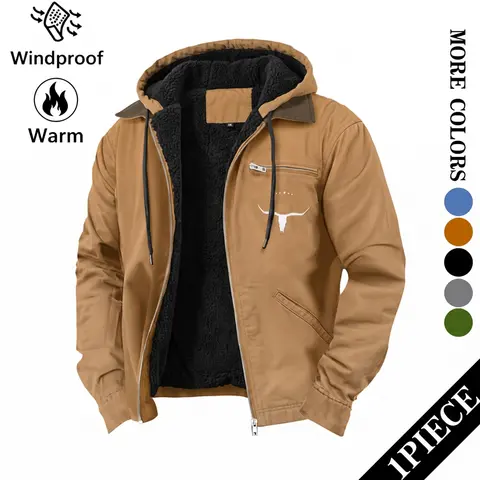 Men’s casual workwear jacket featuring a front zipper design and a bull head embroidery at the chest; windproof outdoor outerwear suitable for skiing, hiking, camping, and climbing; thickened lining with a full length zipper closure; also serves as everyd