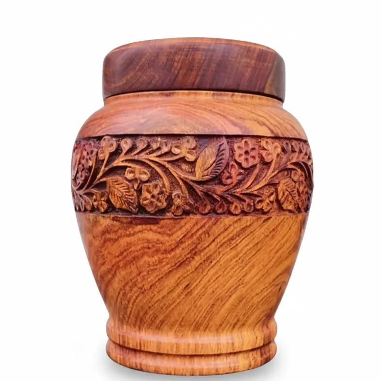 Hand-Carved Wooden Vase with Lid – Floral Carved Wood Jar – Handmade Decorative Canister for Shelf, Mantel & Entryway