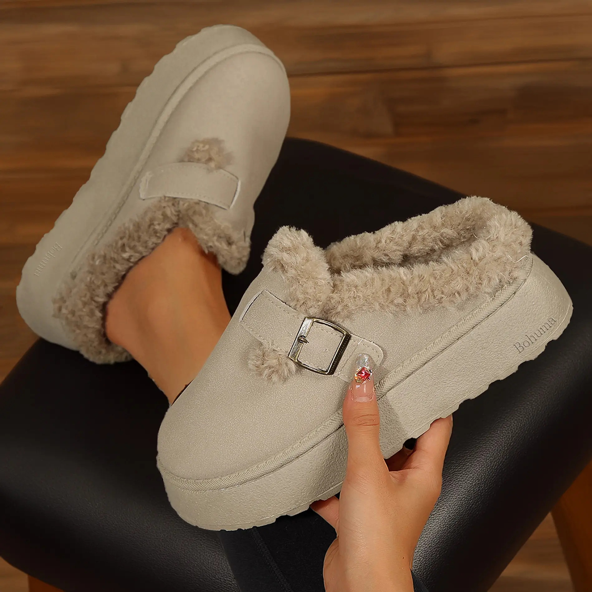 Women's Slippers with Round-Toe Half-Slippers Adjustable Buckle Rubber Non-Slip Sole Boots for Indoor Outdoor Footwear
