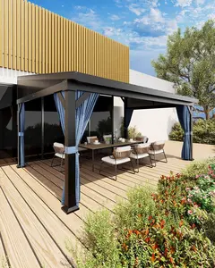 10'X14' Wall-Mounted Lean-to Gazebo – Galvanized Steel Roof with Gutters & Sliding Netting/Curtains, Weather-Resistant Pergola for Patio & Backyard