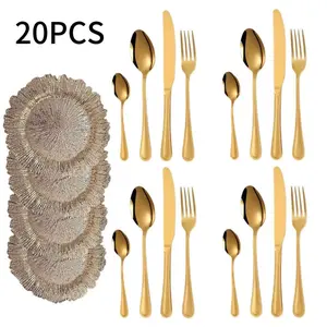 20-Piece Stainless Steel Western Dining Cutlery Set, Dinner Sets, Shiny Home Hotel Steak Knife Fork Spoon, Irregular Tray, Western Style