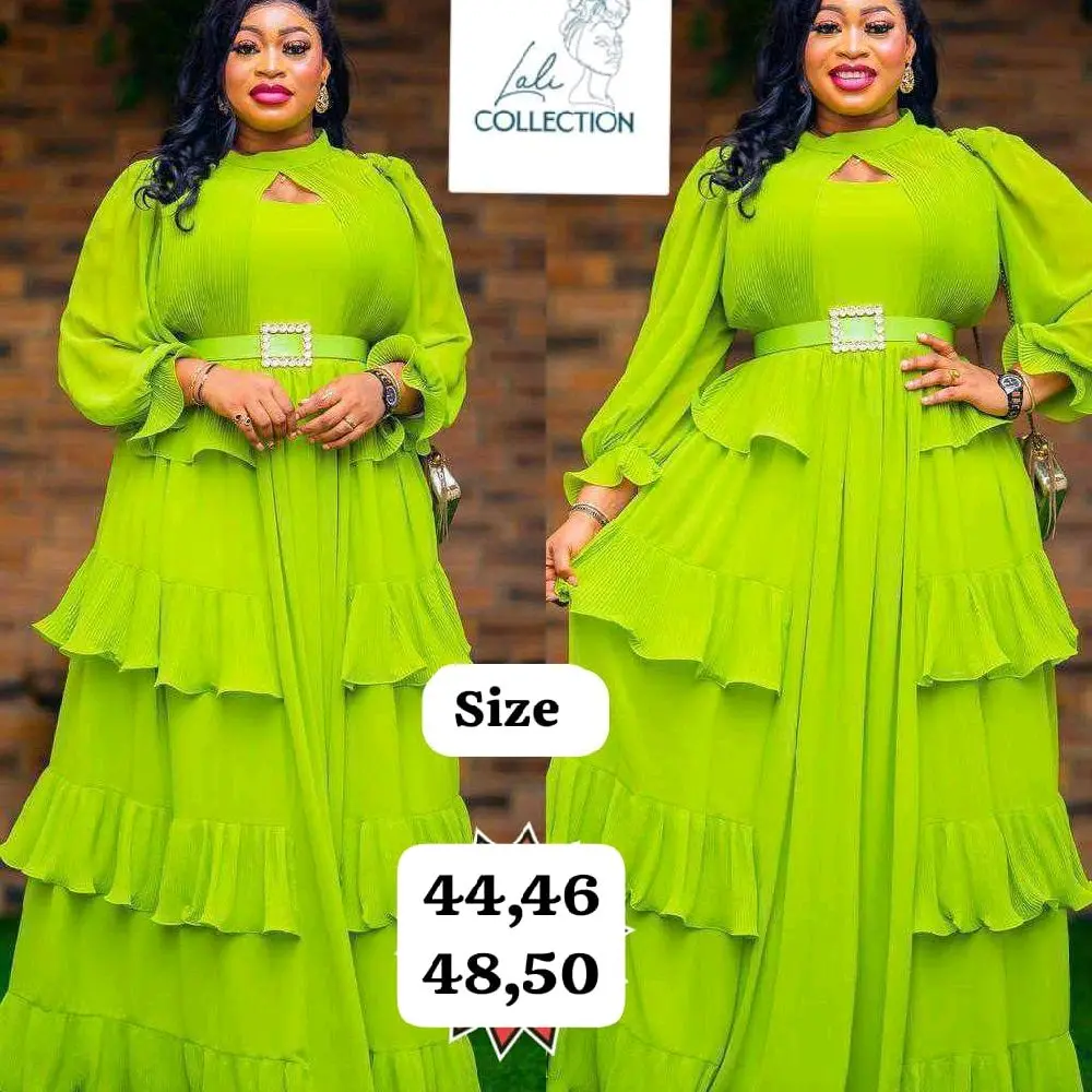Loli Collection Luxury Gown Dresses in Vibrant Lime Green with Tiered Ruffles and Belted Waist Available in Sizes 44 46 48 50