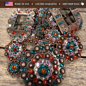 Copper Fire Opal - Teal - AB Crystal Conchos | Sizes 1"- 3" | Buckles | Saddle Set | Leather Rosettes | Slide