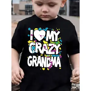 Boys' Neon Green "I Love My Crazy Grandma" Graphic T-Shirt - Summer Casual Short Sleeve Tee with Heart & Splatter Design, Regular Fit Round Neck Top for Outdoor Play & Family Fun