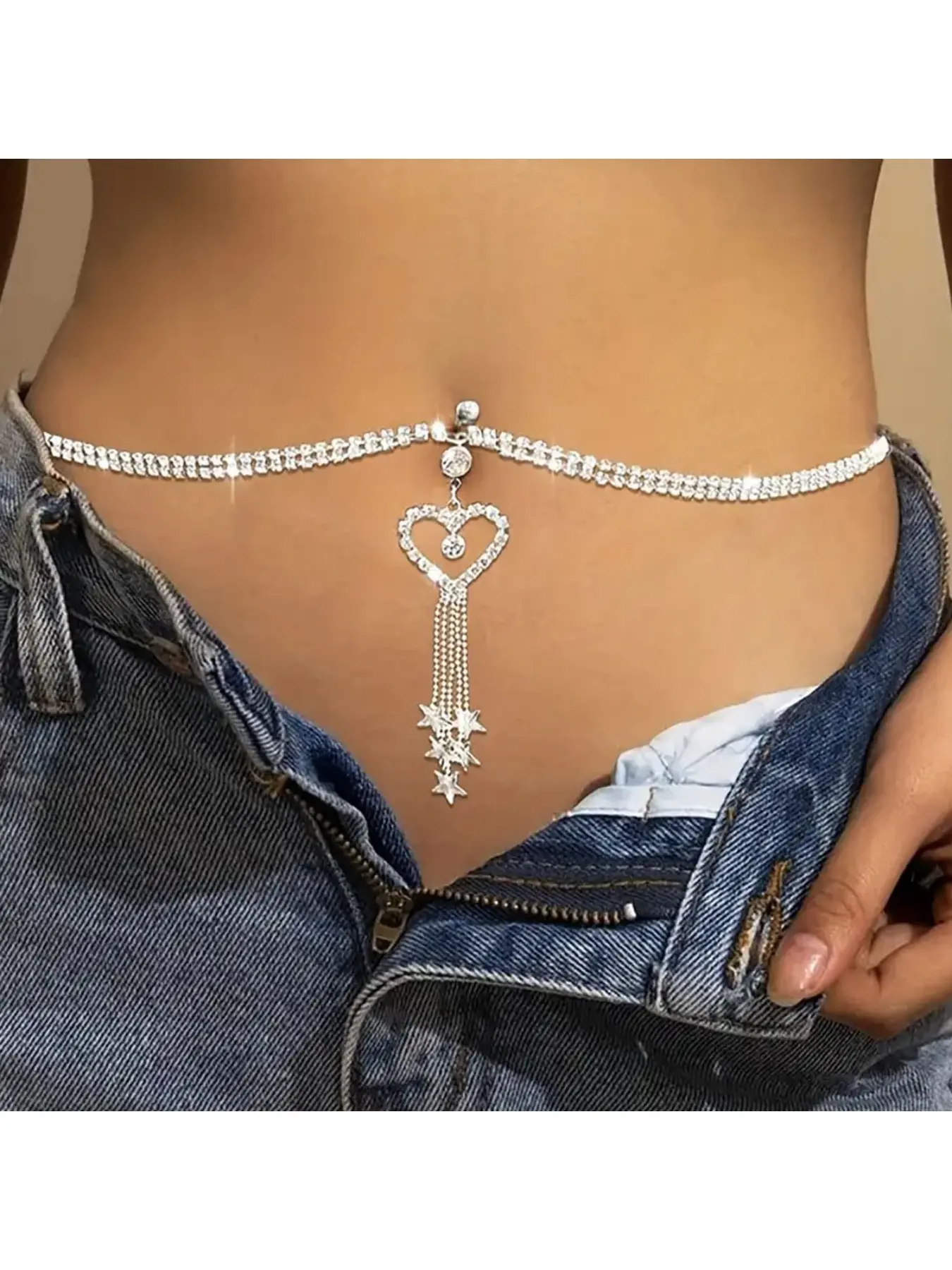 Cross-border European and American star navel chain fashion sexy tassel love hollow rhinestone body chain waist chain for women