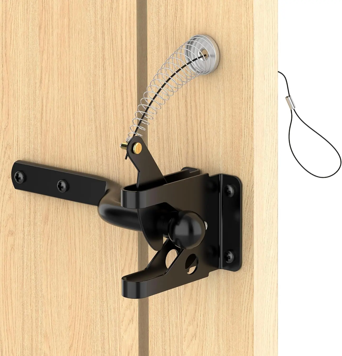 Self Locking Gate Latch with Spring  Pull, Automatic Lever Latch for Wooden Fence, Door Latch Hardware for Outdoor Fence, Secure Pool, Garden, Shed, Cage, Black Finish