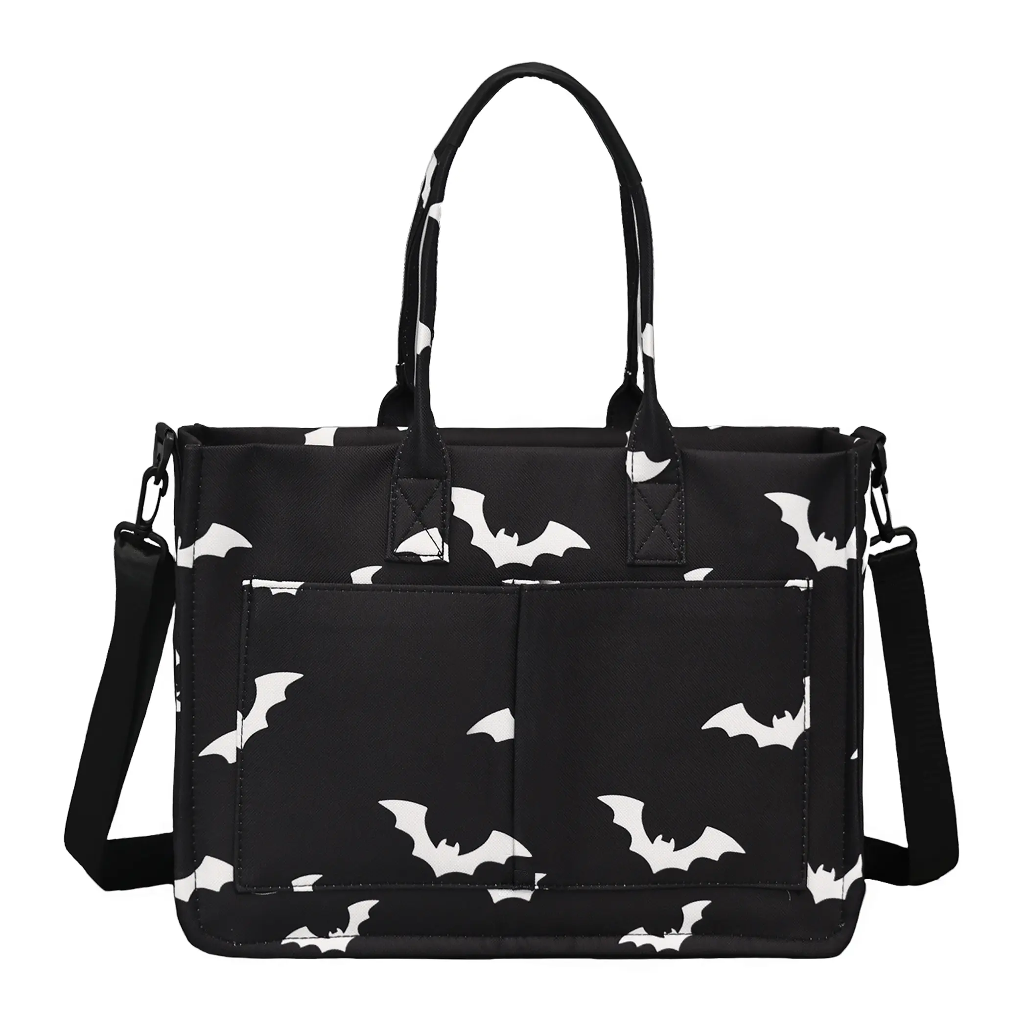 RIVERICH Bat Print Foldable Tote Bag for Halloween - Waterproof 2-in-1 Handbag & Crossbody Purse with Multiple Compartments, Spooky yet functional tote features organized pockets and adjustable strap for daily essentials, trick-or-treat candy bag