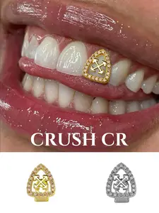 CRUSH CR 1pc 18K Gold Plated Arrow Logo Tooth Grillz, 5A CZ Prong-Set, Unisex Tooth Jewelry For Black Female Women White Girls Men Gold/Silver Options, Perfect For Hip Hop Concerts, Streetwear Styling & Club Nights, High-Fashion Events, Tooth Gems