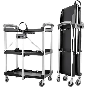 3-Tier Collapsible Cart with Wheels, 240LBS Load Capacity Folding Utility Cart for Garage, Office, Storehouse, Kitchen harbor  freight  tool  box Heavy Duty Hand Truck