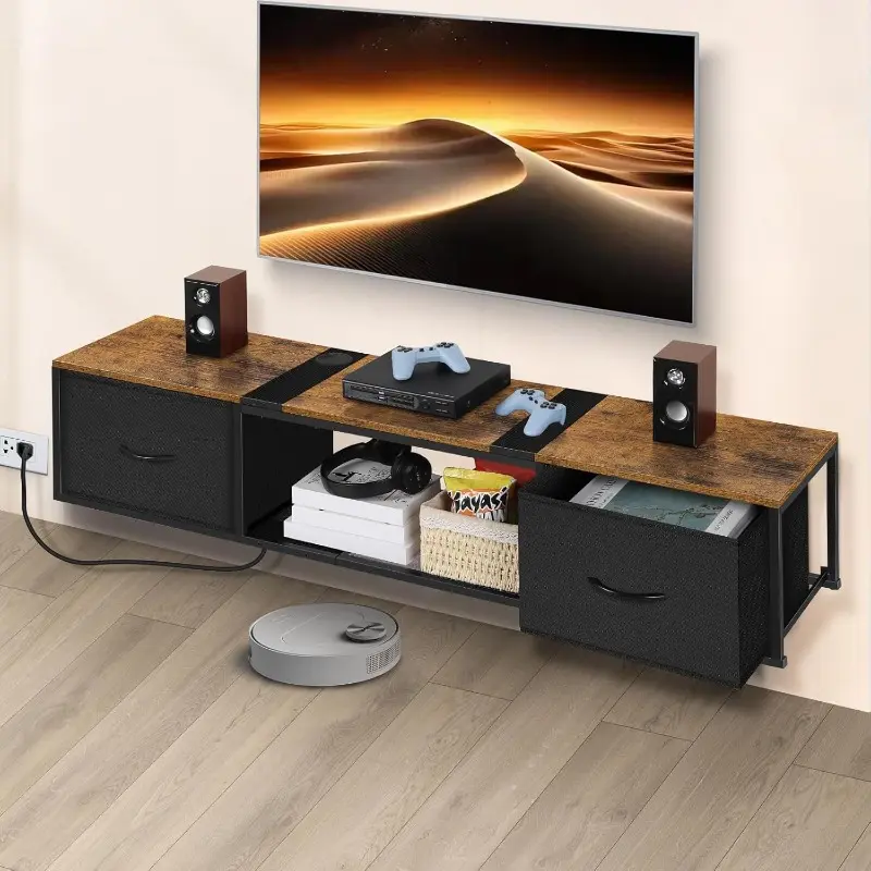Wall Mounted TV Console Shelf Cabinet with Drawers for Under TV Storage,Floating TV Stand Entertainment Center, Living Room, Bedroom, Guest Room, Rustic Brown