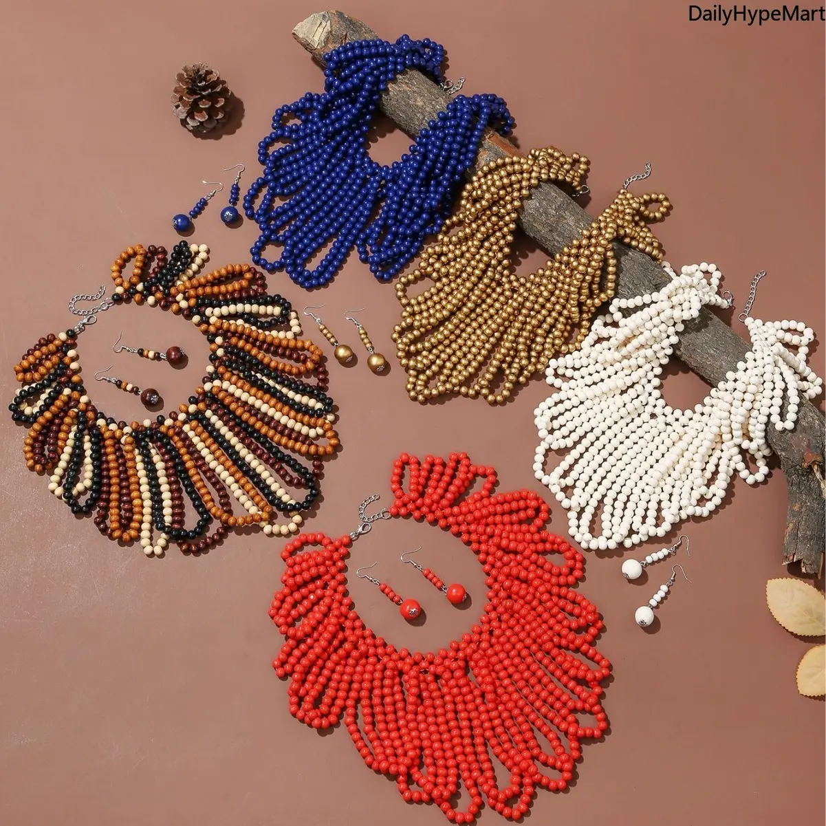 Handmade Bold African-Boho Style Colorful Wood Beaded Shawl Chain Necklace, Fashion Clothing Accessory, Ideal Anniversary Gift for Beaded Necklace Enthusiasts, Boho Style Beaded, Beaded Necklaces