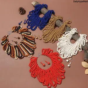 Bold African Style Handmade Wood Beaded Shawl Chain Necklace, Fashion Accessory for Anniversary Gift