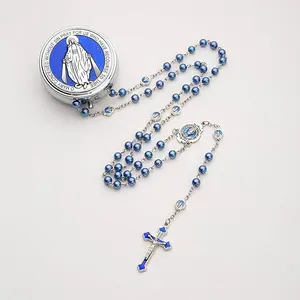 Glass Pearl Beads Catholic Rosary Necklace for Men and Women with Metal box Strong Copper Chain Crucifix