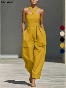 Women's Mustard Linen Blend Lightweight Romper, Cross Neck Design, Loose Fit, Spring Summer 2026 New Arrival, Comfortable and Stylish