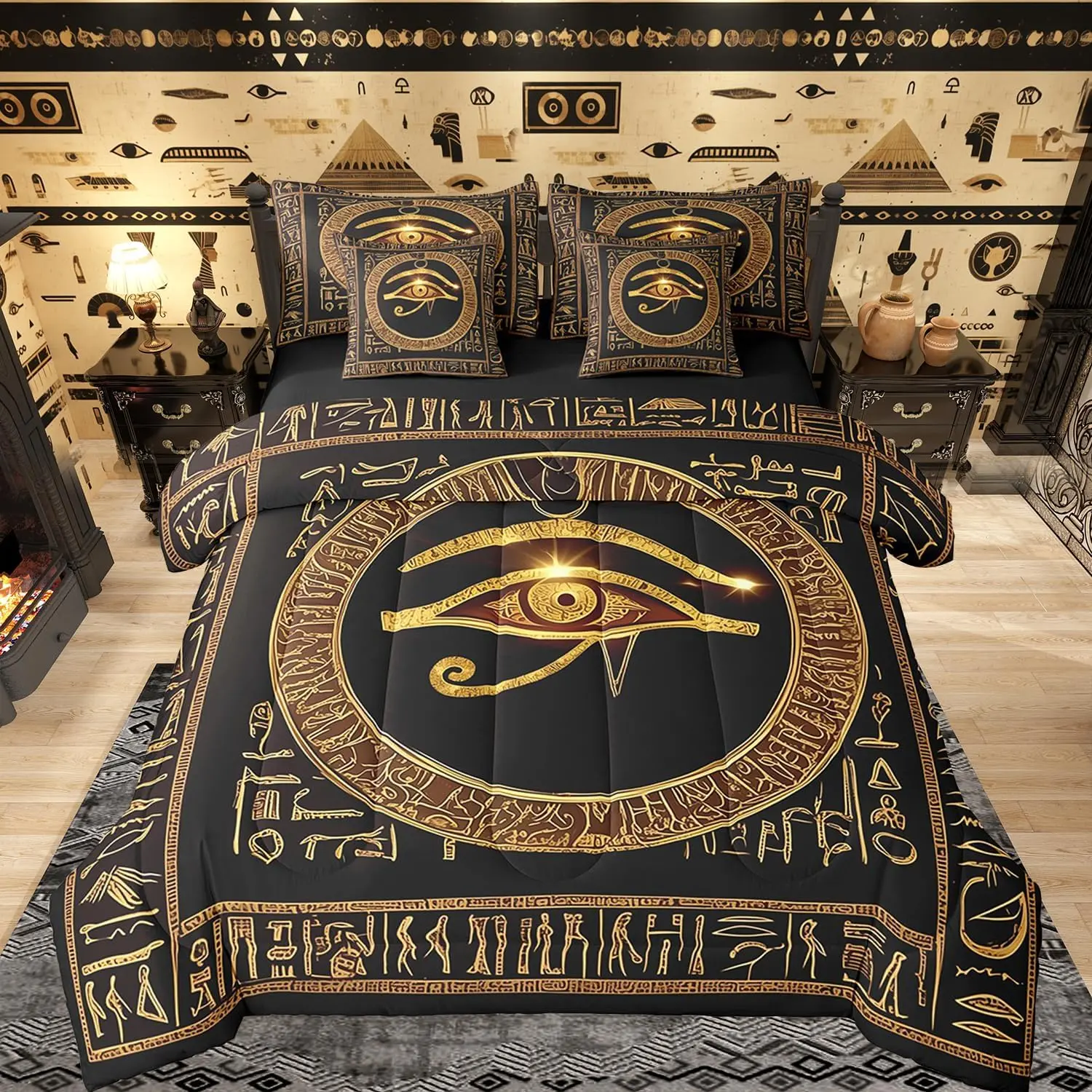 Egypt Eye Print Comforter Set 7 Pieces Ancient Egyption Bedding Set Gold And Black Egypt Symbol Bed In A Bag for Adults Women Men Old Geometric Pharaoh Pyramid Sheet Set