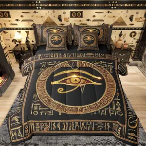 Egypt Eye Print Comforter Set 7 Pieces Ancient Egyption Bedding Set Gold And Black Egypt Symbol Bed In A Bag for Adults Women Men Old Geometric Pharaoh Pyramid Sheet Set