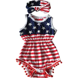 4th of July Toddler Baby Girl American Flag Tassel Romper with Headband