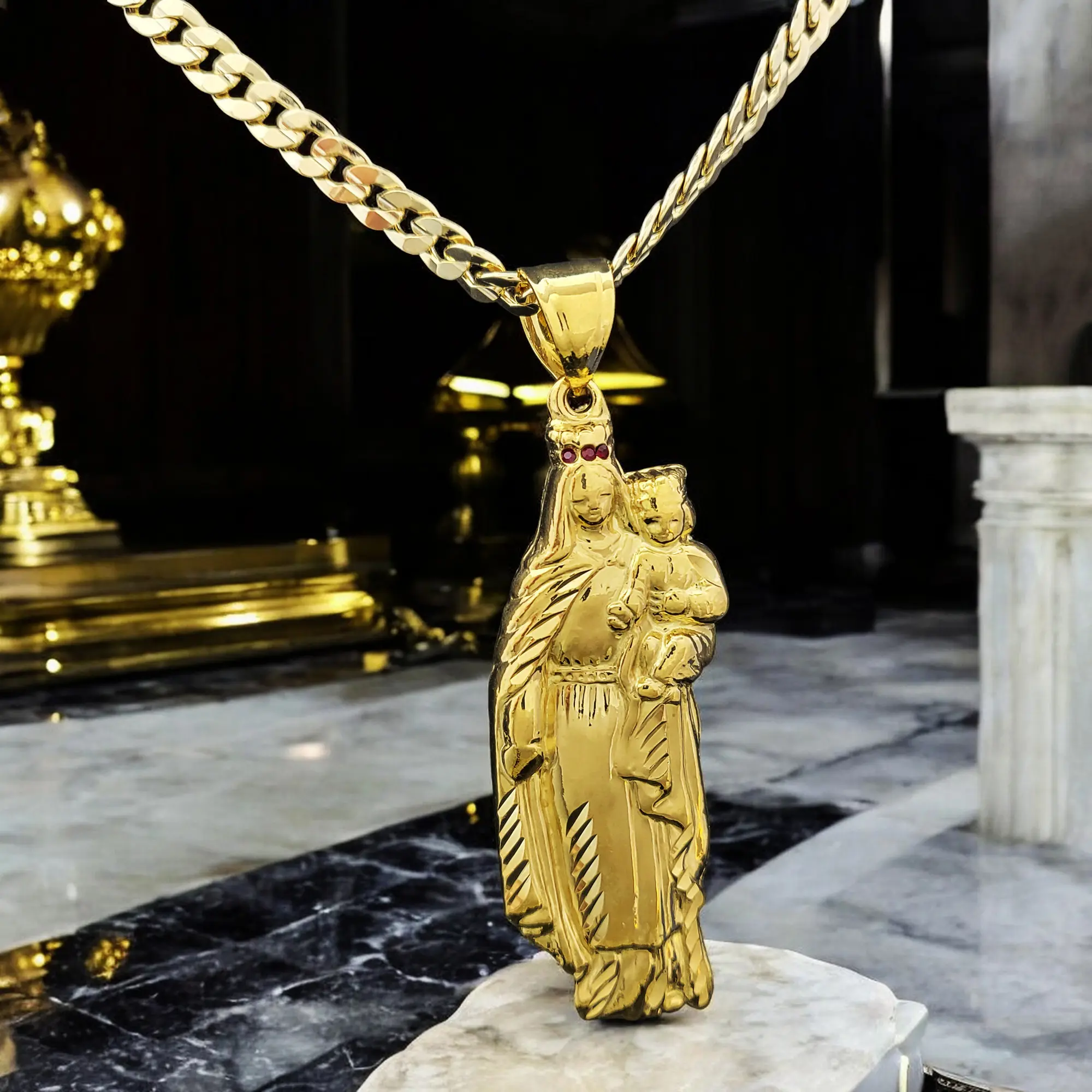 MaxBling81 AAA+ Brass Gold-Plated Virgin Mother Mary & Baby Jesus High-End CZ Religious Pendant Charm with 7mm 14K Stamped Cuban Chain Necklace (20", 24", 30") Fashion Costume Jewelry, High-End Cz Pendant