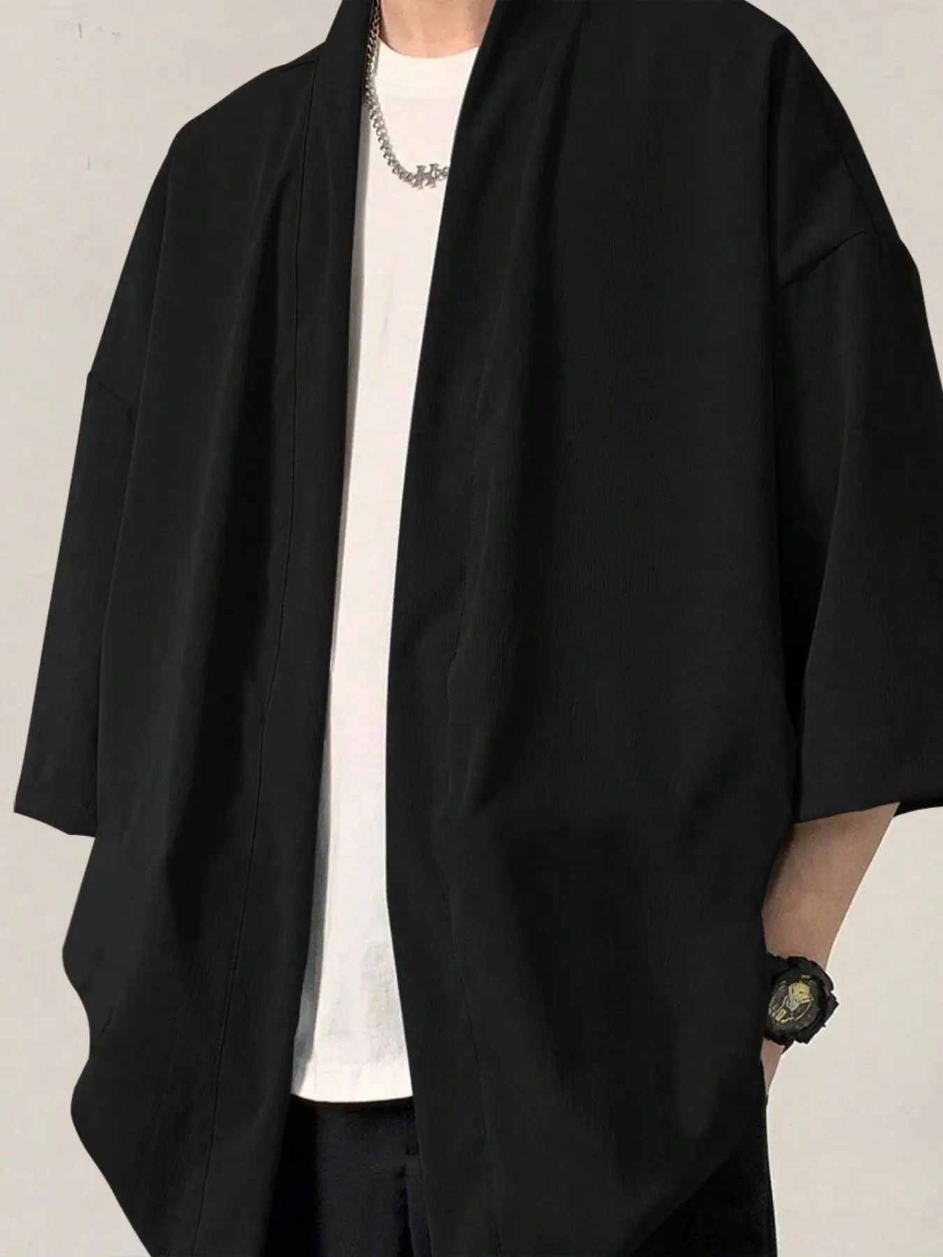 Men's Japanese Streetwear Kimono Cardigan | Casual Minimalist Open Front Noragi Jacket with 3/4 Sleeves | Lightweight Loose Fit Summer Layering Top | Aesthetic Solid Black Zen Style Yukata Coat Cardigan Sweater
