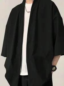 Men's Japanese Streetwear Kimono Cardigan | Casual Minimalist Open Front Noragi Jacket with 3/4 Sleeves | Lightweight Loose Fit Summer Layering Top | Aesthetic Solid Black Zen Style Yukata Coat