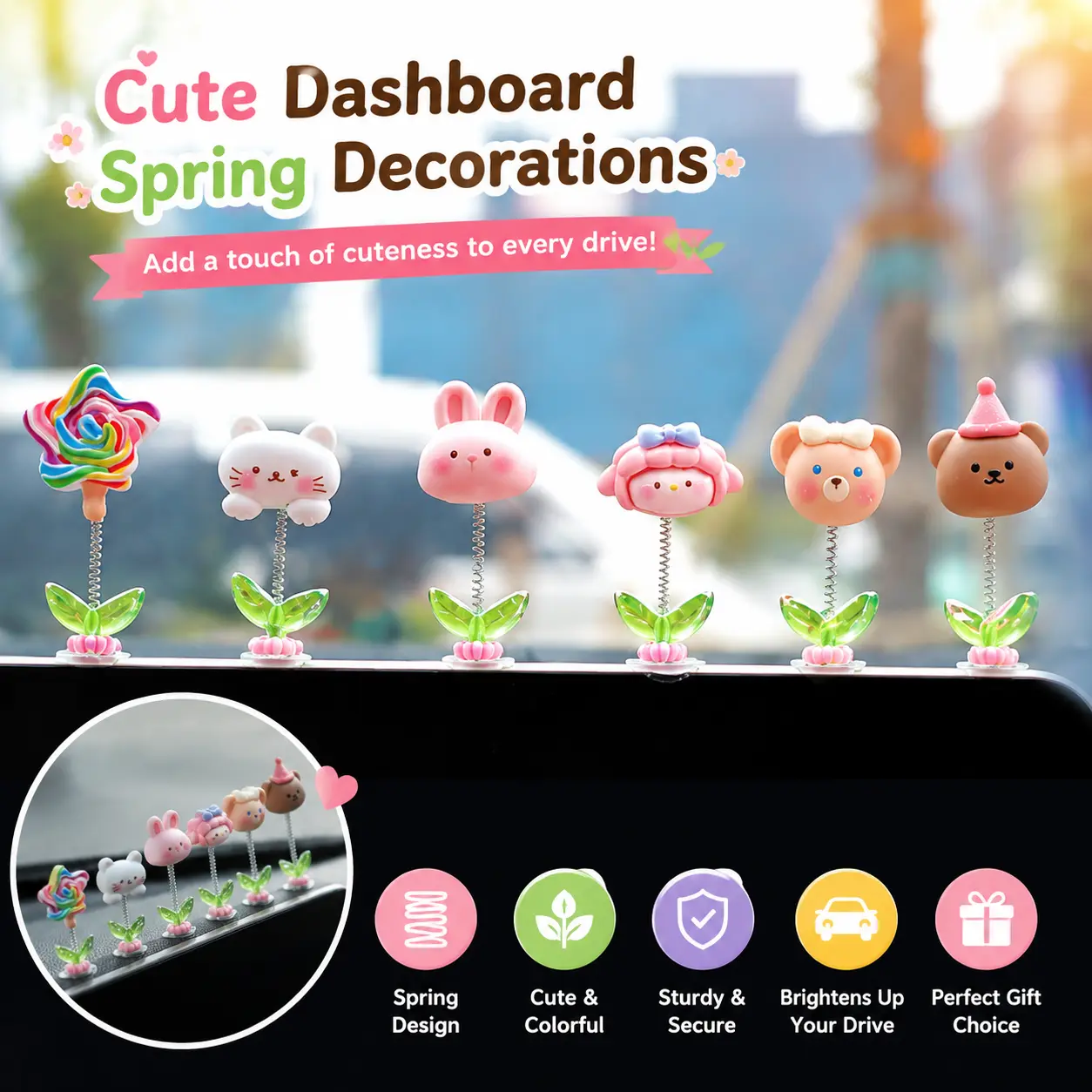 Cute Animal Car Dashboard Decor, Mini Shaking Spring Ornament, Kawaii Cartoon Car Accessories, Adorable Interior Decoration Gift