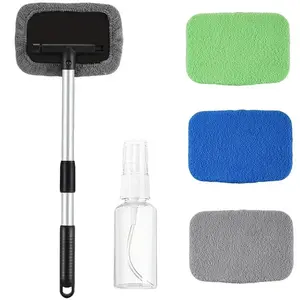 Car Window Cleaning Tool, Windshield Wiper Cleaner with Extendable Long-Reach Handle, 4 Washable Reusable Microfiber Bonnets, Car & Home Inside Interior Exterior Use, Car Cleaning Supplies