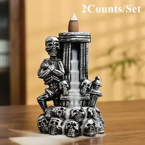 Skull Design Incense Burner, 2 Counts/set Resin Backflow Aromatherapy Furnace without Incense, Home Decor Ornament for Living Room Bedroom Office