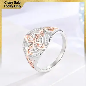 925 Rose Gold Plated Witch's Knot Ring - Celtic Knot Jewelry with Cubic Zirconia, Pagan Witchtok Accessory for Devotion & Protection