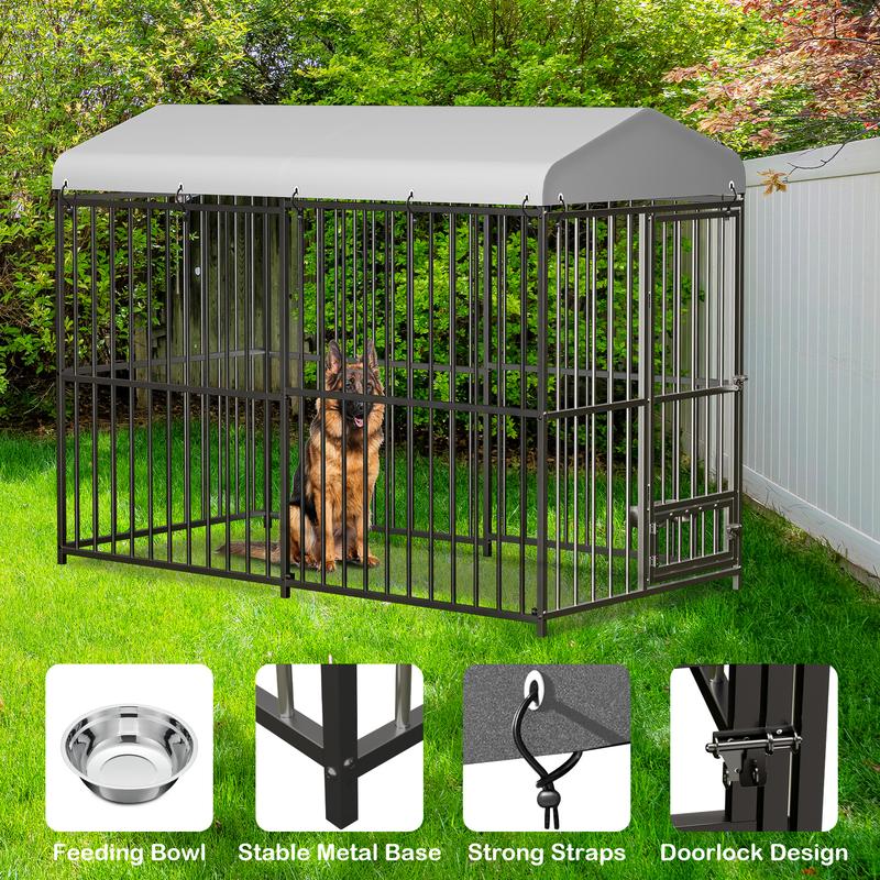 Heavy Duty Outdoor Dog Kennel with Roof – Large 8x4x6FT Galvanized Metal Dog House with Secure Lock,UV & Water-Resistant Black Cover Pet Enclosure for Garden or Backyard