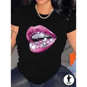 [Soft Black T-Shirt] Women's Soft Black Casual T-Shirt | Sparkling Purple Lips Graphic, Short Sleeve, Crew Neck | Ideal for Summer & Spring