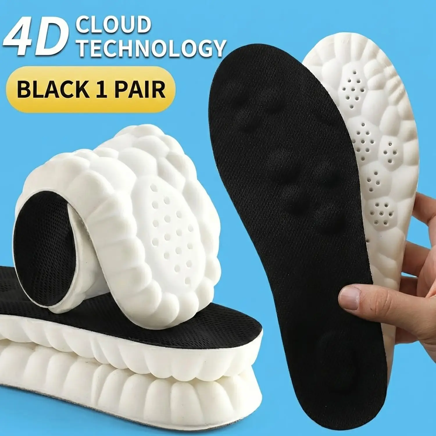 4D High Elastic Shock-Absorbing Sports Insoles for Men & Women, Antibacterial, Odor Insoles- Cushioned "Cloud-Like" PU Full Resistant, Breathable, Sweat-Absorbent, Suitable for Casual/Sneakers/Work Shoes, Footwear,Cuttable