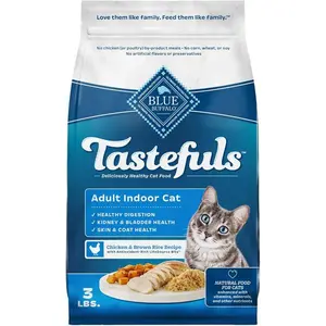 Tastefuls Adult Dry Cat Food Indoor Cat Formula, Made in the USA with Natural Ingredients, Chicken & Brown Rice Recipe, 3-lb. Bag