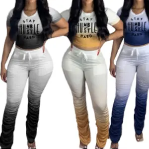 Stay Humble Hustle Hard Two Piece Set with Stacked Pants - Sexy Short Sleeve Cropped Top & High Waist Pants Sweatsuit Casual Soft Women's Wear Clothes in Polyester Stretchy Gradient Ombre Style