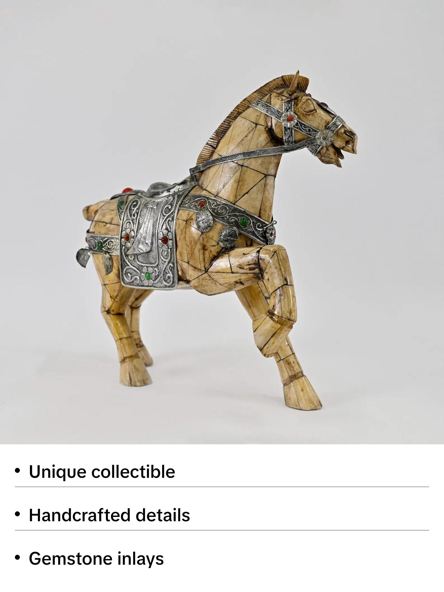 Chinese Bone Horse Sculpture | Flora and Gemstone-InlaidSaddle | Handcrafted Tessellated Design | Decorative Art Collectible | Unique