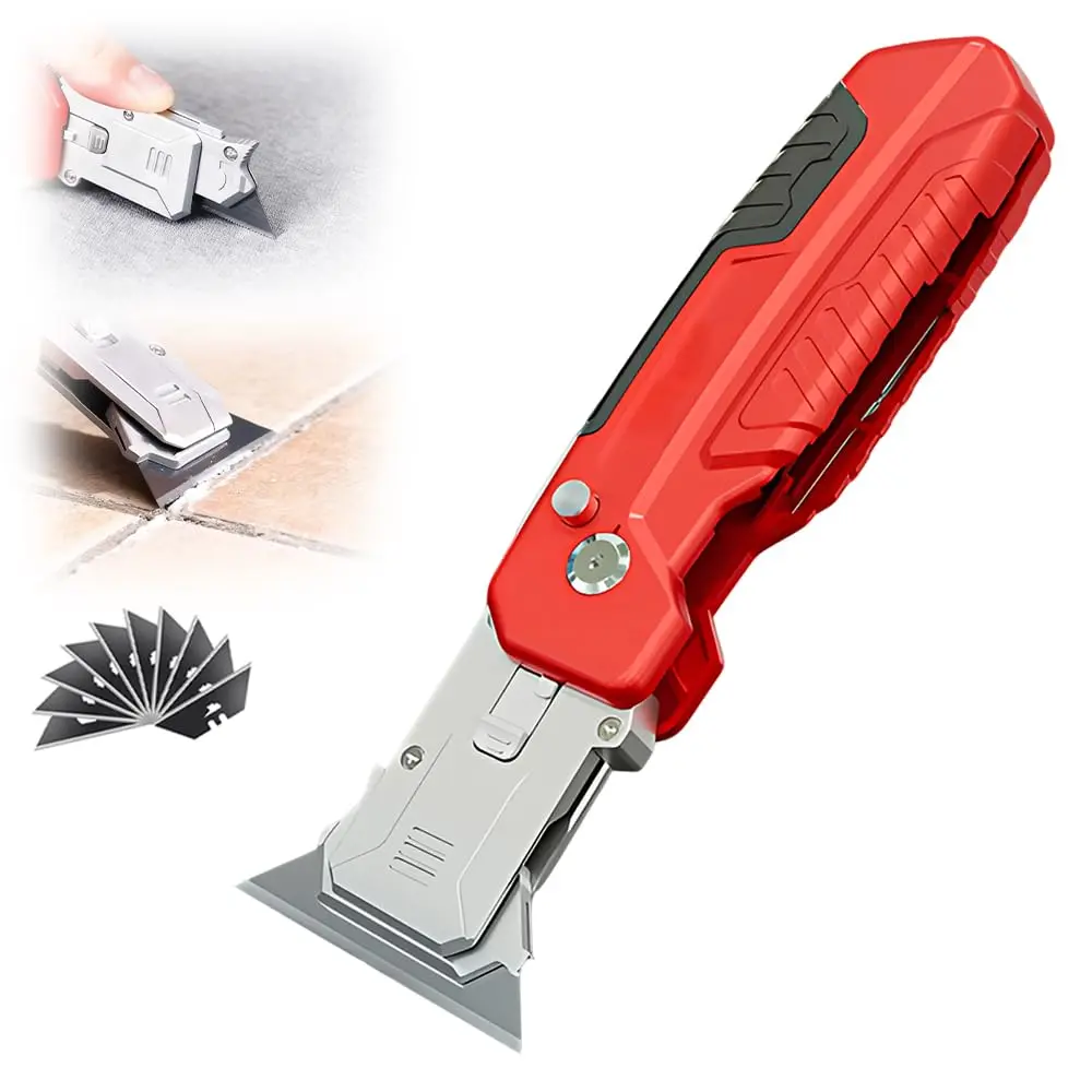 2-in-1 Folding Utility Knife Scraper, Heavy Duty Zinc Alloy Body, Retractable Work Tool with Blade Storage, 13pcs SK2 Black Replacement Blades, EDC Tools and Gadgets for Home, Office, Work Tools
