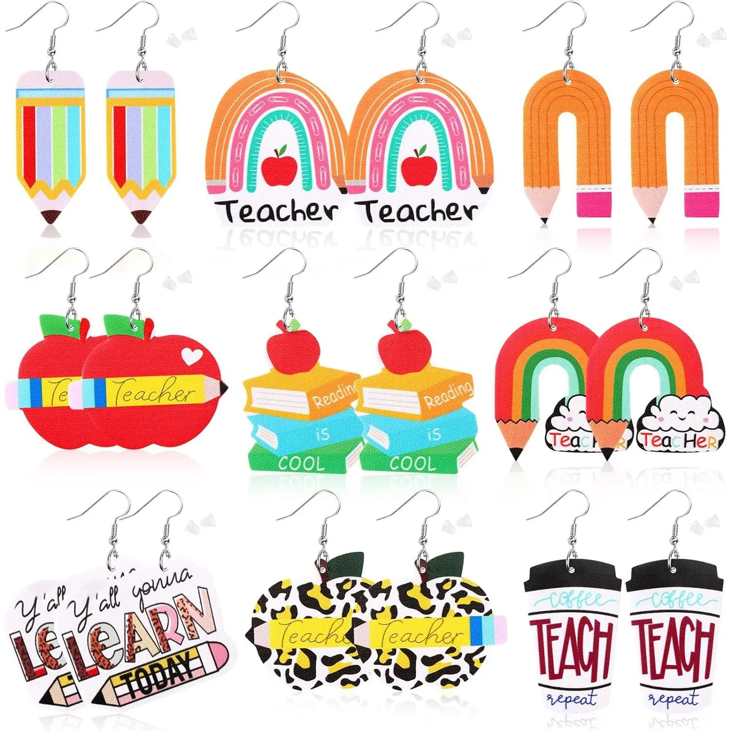 9 Pairs Teacher Earrings for Women, Faux Leather Teardrop Earrings, Double-Sided Design Earrings, Rainbow Pencil Book Earrings for Graduation Teacher Appreciation ,  to School