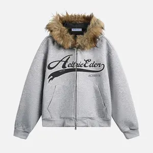 Aelfric Eden Unisex Boxy Zip Up Hoodie Faux Fur Collar Oversized Streetwear Y2K Heavyweight Sweatshirt