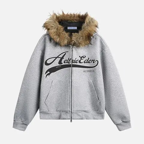 Aelfric Eden Men's Unisex Cotton Boxy Long Sleeve Zipper Hoodie with Faux Fur Collar - Y2K Retro Heavyweight Men's Streetwear, Oversized Casual Sweatshirt Top