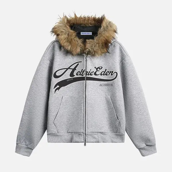 Aelfric Eden Men's Unisex Cotton Boxy Long Sleeve Zipper Hoodie with Faux Fur Collar - Y2K Retro Heavyweight Men's Streetwear, Oversized Casual Sweatshirt Top
